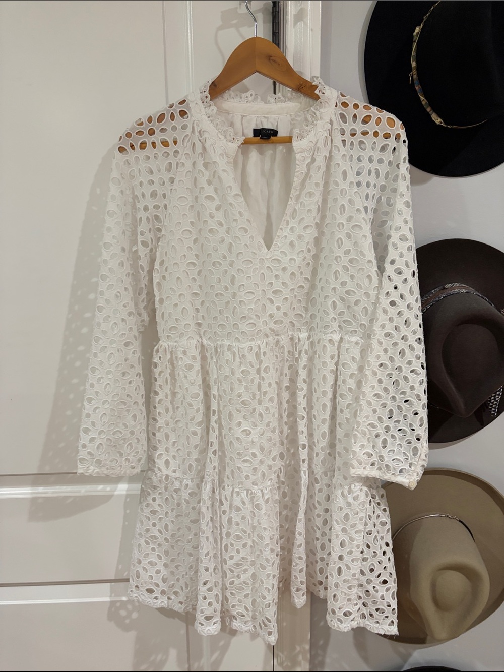 J. Crew White Eyelet Long-Sleeve Tiered Dress